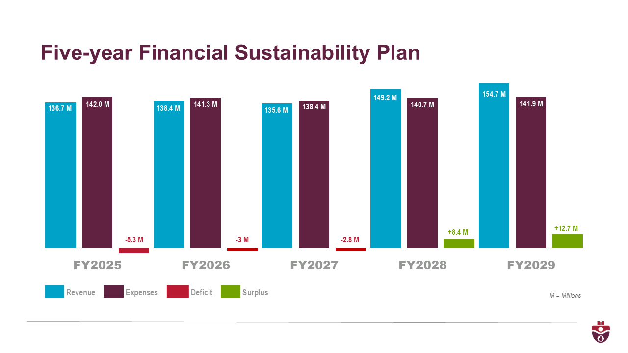 Bar graph showing annual revenues, expenses, deficits and surpluses from FY2025 to FY2029