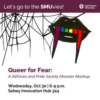 An event graphic with cob webs and vampire teeth in rainbow colours