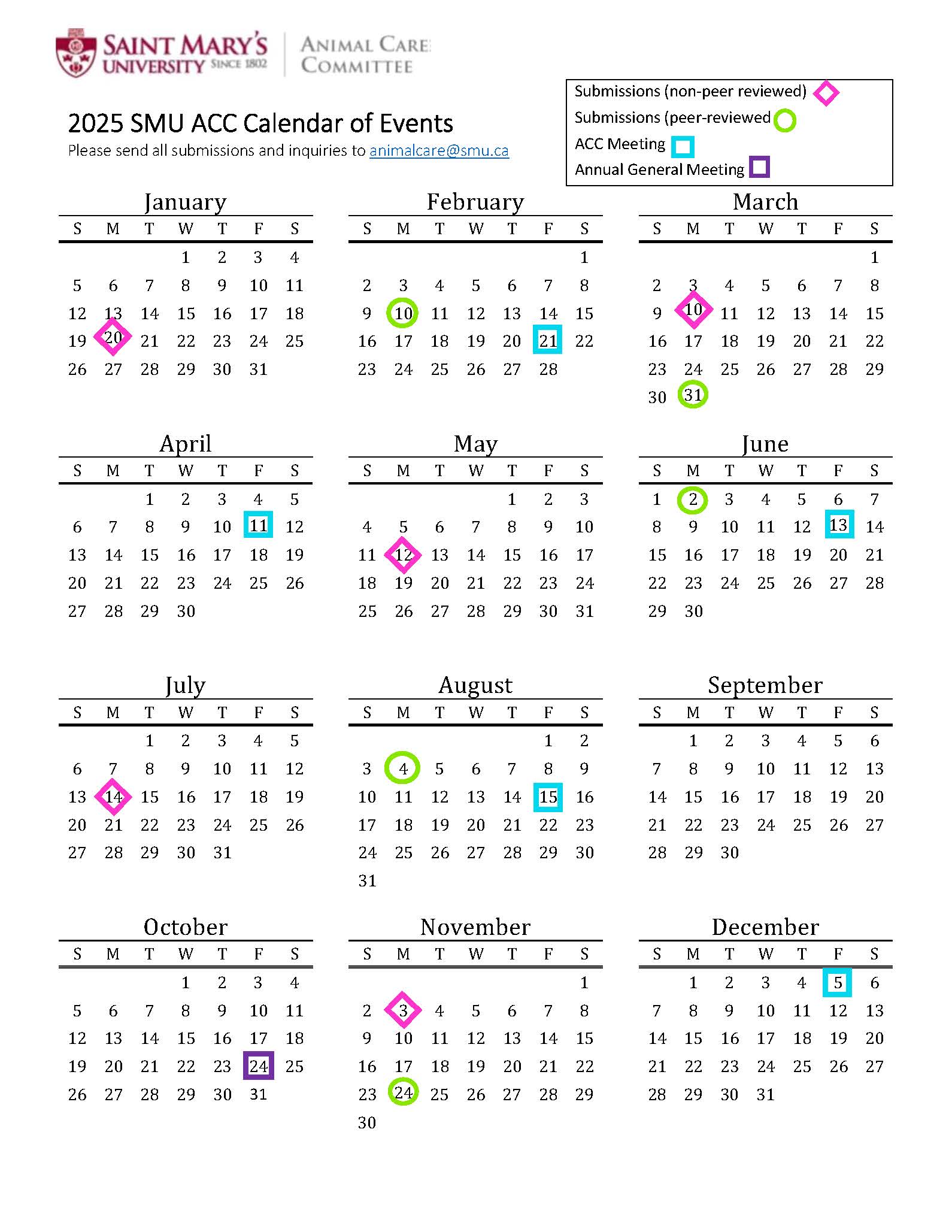 annual calendar with specific dates highlighted